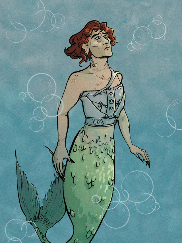 A digital drawing of Viktor from Arcane as a merperson. He has dark reddish toned brown hair and pale skin up to the level of the waist, where human skin transitions to a mermaid tail. His tail is a light seafoam green color at the waist and gradually gradients into teal at the tail fin. His tail fin is tattered to represent fin rot. Across the chest, Viktor has a silver metal brace to support his spine. He’s noted to have various scars across his skin, and one of the gills on his neck appears damaged. He has long black nails. He’s surrounded by blue water and bubbles. 