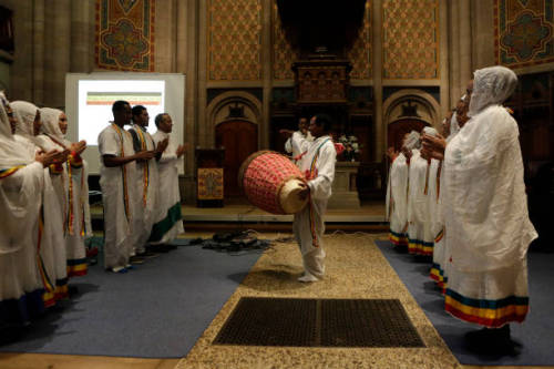 Members of the Ethiopian Orthodox Tewahedo Church hold a service in the Matthäuskirch