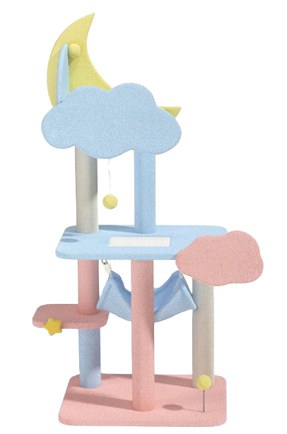 transparent image of a designer cat tree from Happy and Polly in soft blues, pinks, with a moon and star and cloud accents