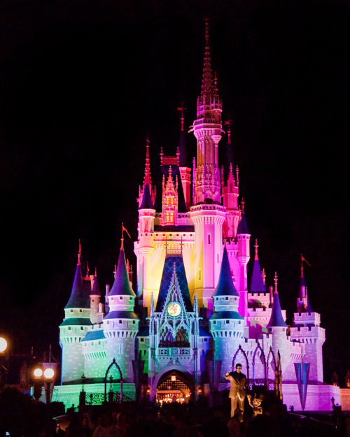 vintagedisneyworld:Cinderella’s Castle lit up like a rainbow :)
