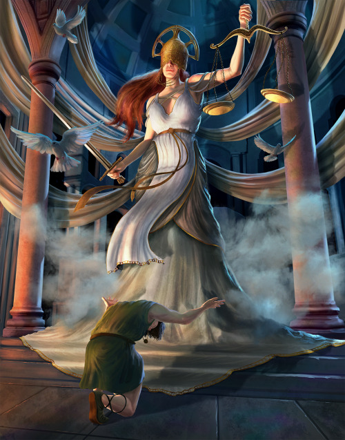 The goddess Themis leading to the zodiac sign of Libra