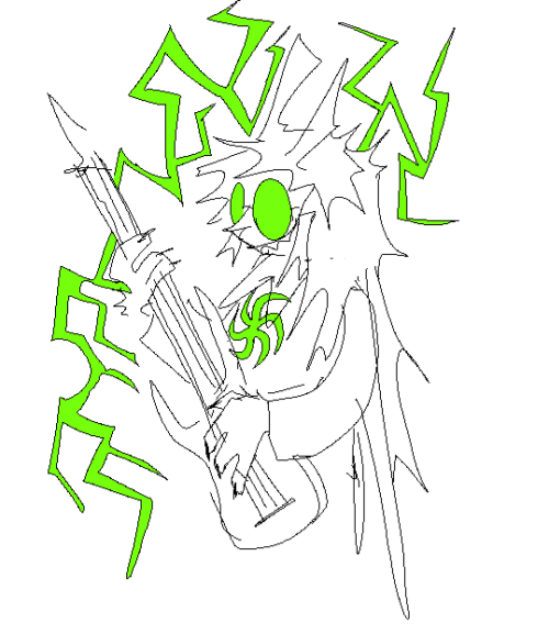 Artwork of dogteir Jade Harley. She is playing a guitar, and is surrounded by green lightning.