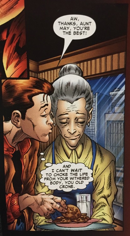 doctor-seamonster: vamaena:  That time Aunt May poisoned the Chameleon when he was disguised as Peter.   I never saw the last page and for years l thought that aunt may literally killed a man. 