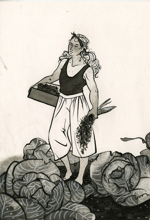 Inktober day 26; box &amp; farm witchEveryone asks how she gets the biggest cabbages.  “It’s all in 