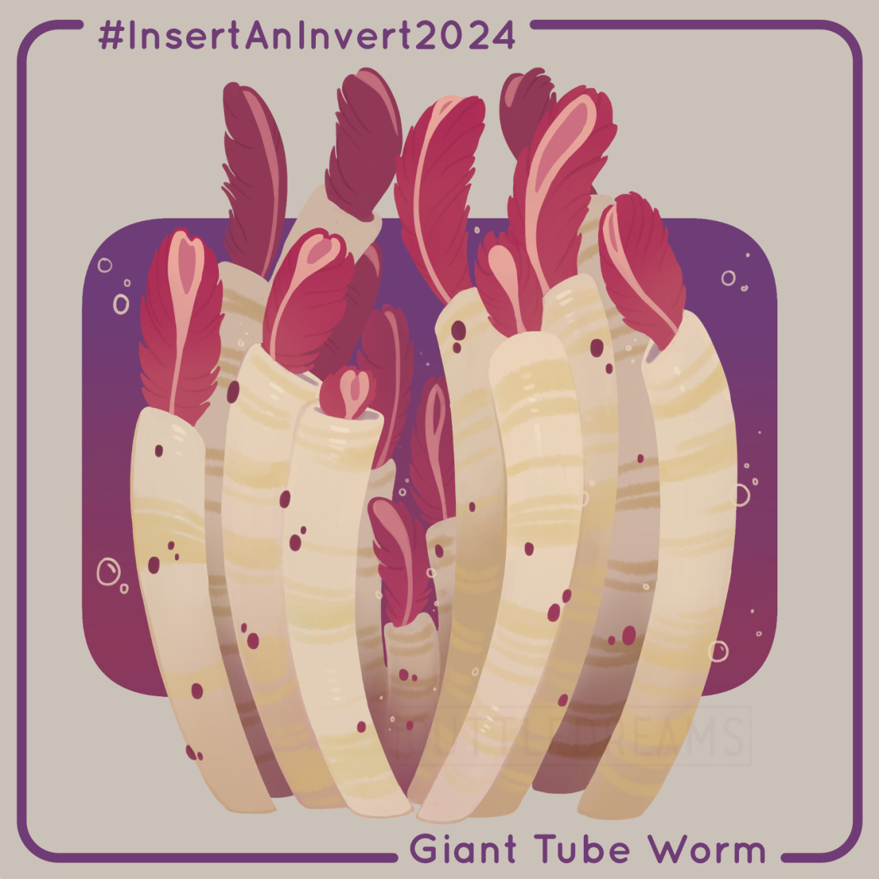 A drawing of a cluster of giant tube worms standing upright, with their bright brachial plumes visible out the tops. They are stylized with yellows and vivid pinks and purples.  Behind them is a purple/pink rectangle to make their colors pop.