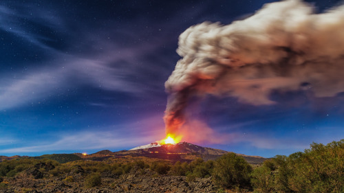 earth-land:    Europe’s most active volcano, Mount Etna   At 3,295 metres (10,810 feet), Etna is Europe’s tallest volcano and is located in Sicily. Etna is a composite volcano, like other dangerous volcano such as Mount St Helens and Mount Vesuvius.