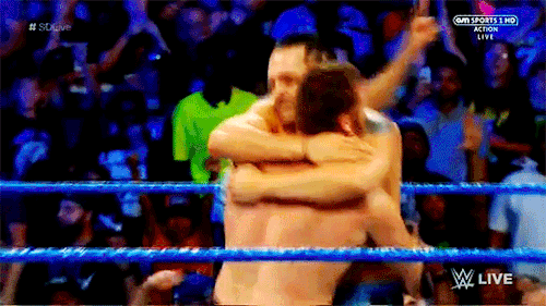 mith-gifs-wrestling:  Sami Zayn and Tye Dillinger celebrate their win with hugs and goofy dancing.