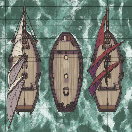 crossheadstudios: Row, row, row your boat. Been working on expanding my list of transport battlemaps, featuring vehicles one might often use when preparing a long journey from point A to B. This month I focused on naval transport, starting with small