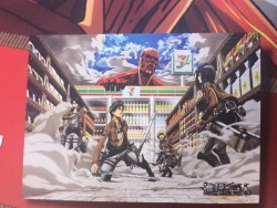 fuku-shuu:  Official artwork of the Shingeki no Kyojin x 7-11 2015 collaboration!Featuring Colossal Titan, Levi, Eren, Armin, and Mikasa!