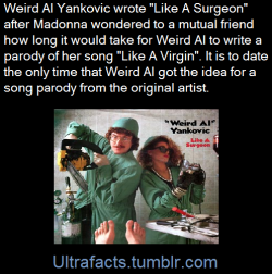 ultrafacts:  Although Yankovic refuses to use parody ideas from other people, Madonna is partly responsible for “Like a Surgeon”. Madonna asked one of her friends how long it would take until Yankovic satirized her song “Like a Virgin” as “Like