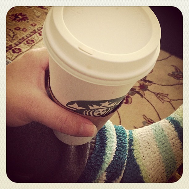 #coffee #fuzzysocks #white #starbucks #yum #white #grey #sweatpants #green #blue