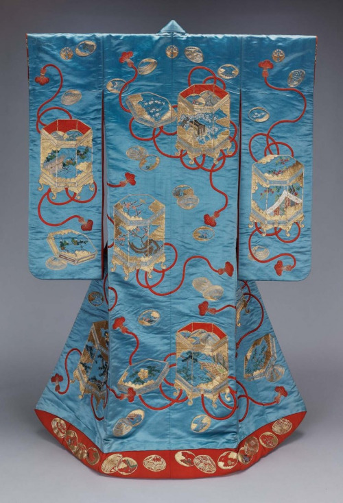 thekimonogallery: Mid-19th century Japanese uchikake (wedding over kimono). Embroidery on satin silk.  The Museum  of Fine Arts Boston