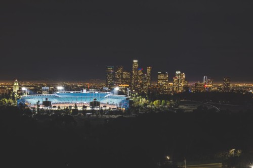 Dodger Stadium with DTLA in the background. 