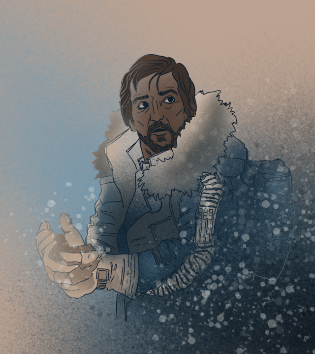 digital drawing of diego luna as cassian andor in rogue one in blue and grey-brown spraypaints