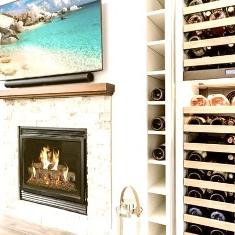Wine Cellar - Displaya Sizable Image Of A Wine Cellar With Display Racks In A Beige And Vinyl Beach Style.