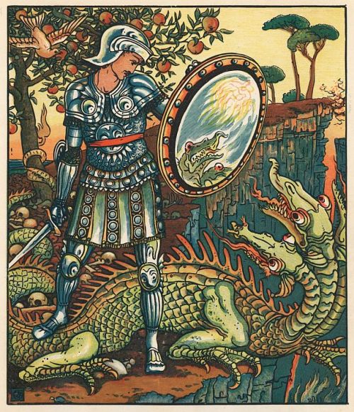 Saint George and the Dragon (I assume), as illustrated by Walter Crane (1845-1915), English artist &