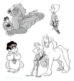 frootpunch:  (Bigger Version) Medieval AU! (left to right,   top to bottom) 1) Jasper dragon and her newly acquired prize 2) Knight pearl! Captain of the Royal Guard, order of the Rose. (how do you draw armor?) 3) Priestess steven. When your tears can