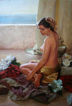 artbeautypaintings:  White peony–Tender thoughts - Dmitry Kalyuzhny 