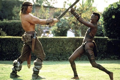 xipiti:Grace Jones and Arnold Schwarzenegger for Conan the Destroyer (1984)