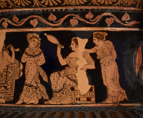 didoofcarthage:Details of a banquet scene from an Attic red-figure dinoid volute-krater and standAttributed to the Melea