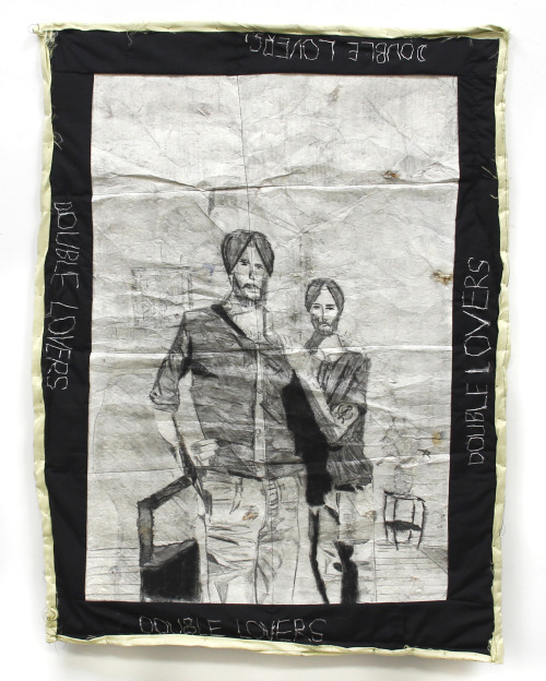 Double lovers
handmade paper, sewn with block patterned bordered fabric, batted, basted, binded into a quilt, embroidered silk text
29 x 39 inches
2021