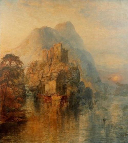 George Blackie Sticks (1843–1938)A view of a castle atop a cliff stack with fishing skiffs to the fo
