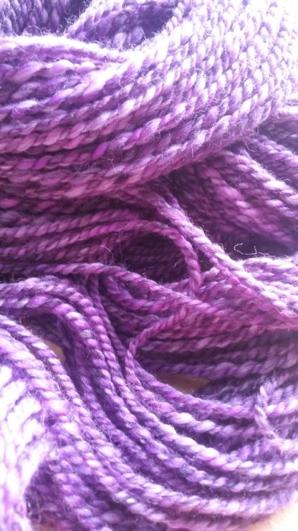 Handspun yarn: a violets blend and a violets gradient, both from Nunoco. I&rsquo;m very happy wi