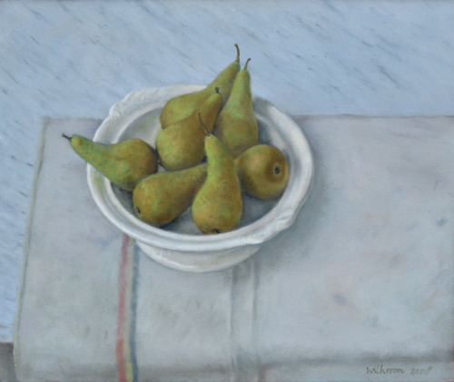 Pears  in  a white bowl   -    Wil Kroon.Dutch, b.1049-Oil on canvas,  50 x 60 cm 