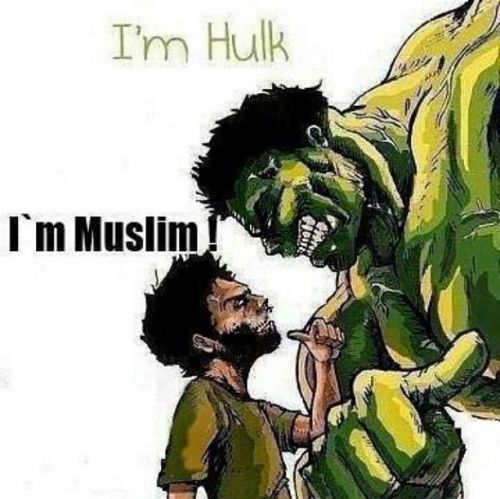 I’m Muslim“I’m Hulk.
I’m Muslim!”
www.IslamicArtDB.com » Drawings » Muslim Characters » Male Muslims » Drawings of Bearded Muslims