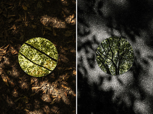 escapekit:Reflections Photographer Sebastian Magnani carefully positions round mirrors in outdoor 