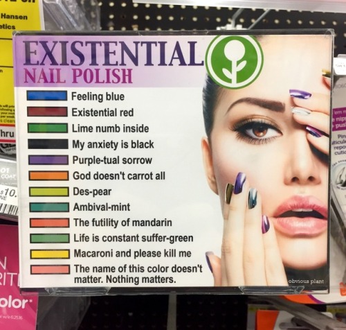 obviousplant:  ‪Existential nail polish. Left in a local drug store.
