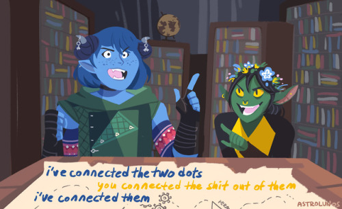 sevenredrobes: astrolunos: the best detective [ID: Fanart of Jester and Nott as the Buzzfeed Unsolve