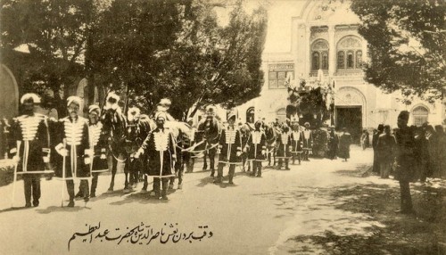 Funerals of Shah Nasser al-Din of Persia in May 1896. Cropped from a postcard issued circa 1900-1905