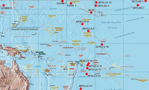 Pacific Ocean splashdown locations of American spacecraft