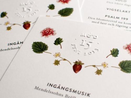 Wedding collateral for a wedding with strawberries & champagne theme in Sweden, by Cecilia Hedin