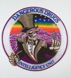 70sscifiart:From the ’70s to the ’90s, a myriad of DEA and other federal units created their own patches in the world’s trippiest example of “knowing your enemy.” And yes, one of them depicts the grim reaper snorting cocaine while sitting