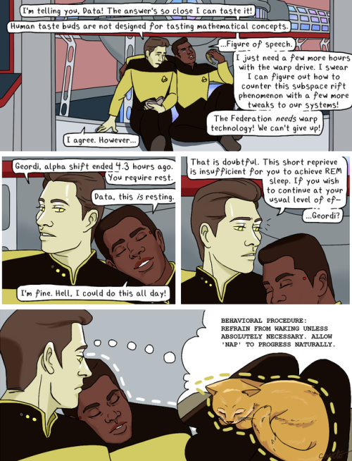 yesimgaythanks:dibujosdelcolibri:  [id: a two-page panel comic featuring Geordi and Data from Star T