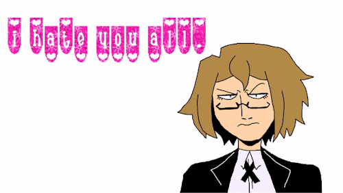 Byakuya Togami is on the right side of the page. He gives an annoyed expression. To the top left of the page is glittery text that says "i hate you all." 