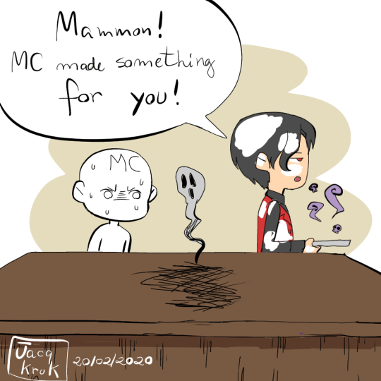 jacqkruk:Lucifer and MC tried making cookies… but pretend this never happened! Get rid of the proof!You can insert your MC there or just pretend MC is completely covered in flour o_o