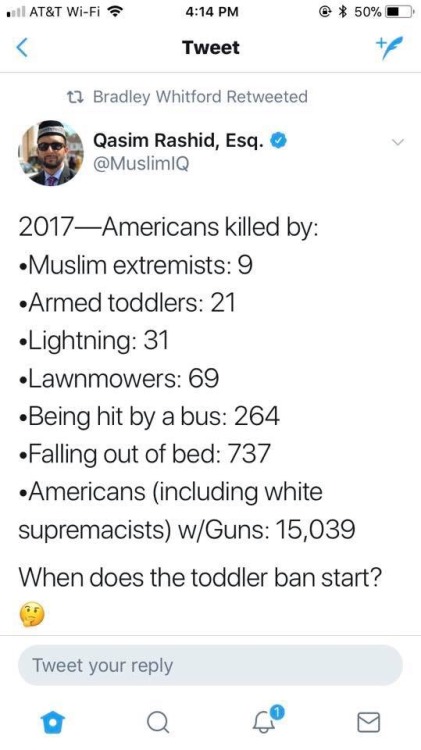 Exactly, Muslims and immigrants aren’t killing thousands of Americans. It’s AMERICANS with GUNS that