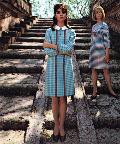Colleen Corby and Cay Sanderson wearing gingham dresses in a print ad for Pacemaker Petites/Dupont S