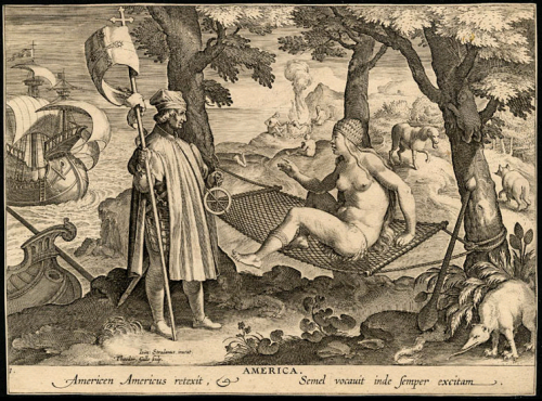 Johannes Stradanus: Amerigo Vespucci Awakens a Sleeping America. Ink print. 1600.