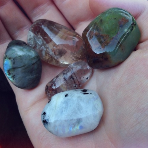 lavenderwaterwitch: my pocket stones rainbow moonstone, labradorite, quartz with inclusions, rutilat