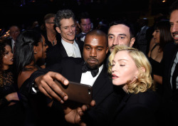 kimkanyekimye:  Kanye taking a selfie with Madonna &amp; Riccardo Tisci at the ‘Keep A Child Alive’ 11th Annual Black Ball in NYC 10/30/14