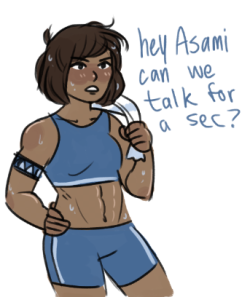 skdaffle:   commissionergorgon answered:Sometimes Korra actually really honestly does have something important to talk about after training, but Asami can’t pay attention because Korra is all glistening and ripped and Korra-like. It can be frustrating.