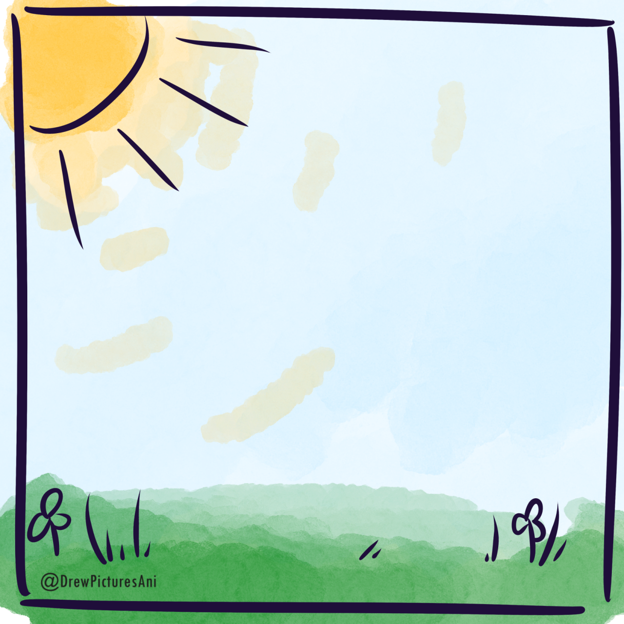 Panel 1. We see a roughly drawn and coloured scene of a hot, sunny day - the sun is drawn in the top corner, reminiscent of a child's drawing.