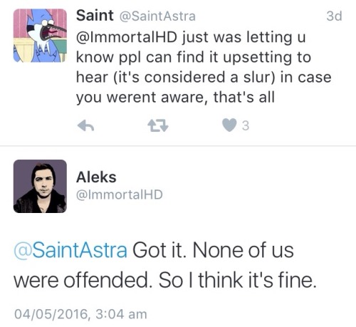 analgrippage: @super-novapolitan heres the tweets of aleks being an ignorant douche &lsquo;Ignor