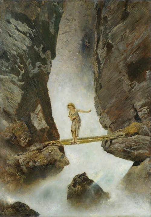 poboh:Girl crossing a mountain torrent, 1880-1882, Anton Romako. Austrian (1832 - 1889)