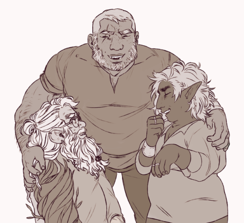 rennington:happier times [image description: a monochromatic drawing of Merle, Magnus and Taako. Mer