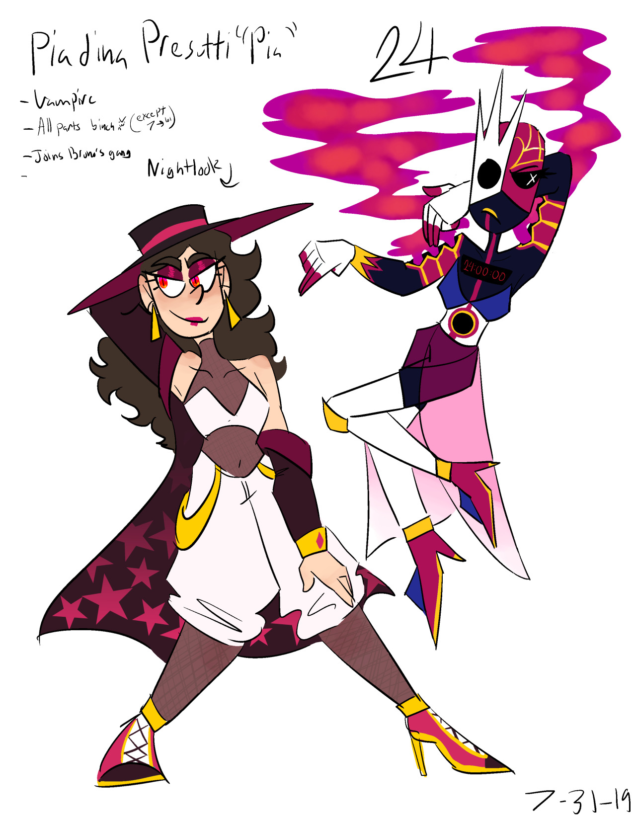 an old jjba oc that never really went anywhere. shes a vampire so shed be able to be in all the parts. I didn’t design her part 6 outfit cause i didnt read it then :B. her stand is named after the Jem song #Dizzy’s dazzling art #jjba oc#Piadina Presutti #yea she lost her role as main jojo self insert when i made layne  #also because it was really hard to figure out how tf a vampire would travel through the middle east without like . turbo dying